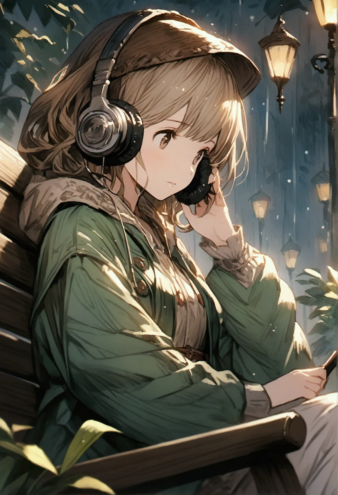 girl holding an umbrella、in the forest、sitting on a bench、super cute、it&#39;s raining outside、night scenery、anime、granblue fanta...