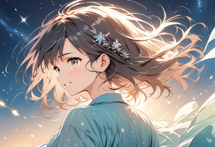 Vector art, Sparkling night background,Girl turning around,tears,Hair fluttering in the wind