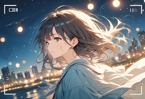 Vector art, viewfinder, bokeh, foreshortening, f/1.2, 35mm,((Night cityscape background)),Girl turning around,tears,Hair fluttering in the wind