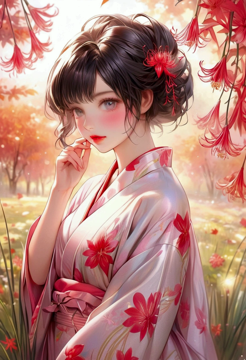 cute young girl, at meadow with vibrant Lycoris radiata, kimono, shiny black hair, updo, shy face, adorable figure, coquettish atmosphere, middle breasts, beautifully detailed (bangs, eyes, long eyelashes, lips, thigh), gesture of gently combing her hair, autumn's soft sunlight and refreshing breeze, 