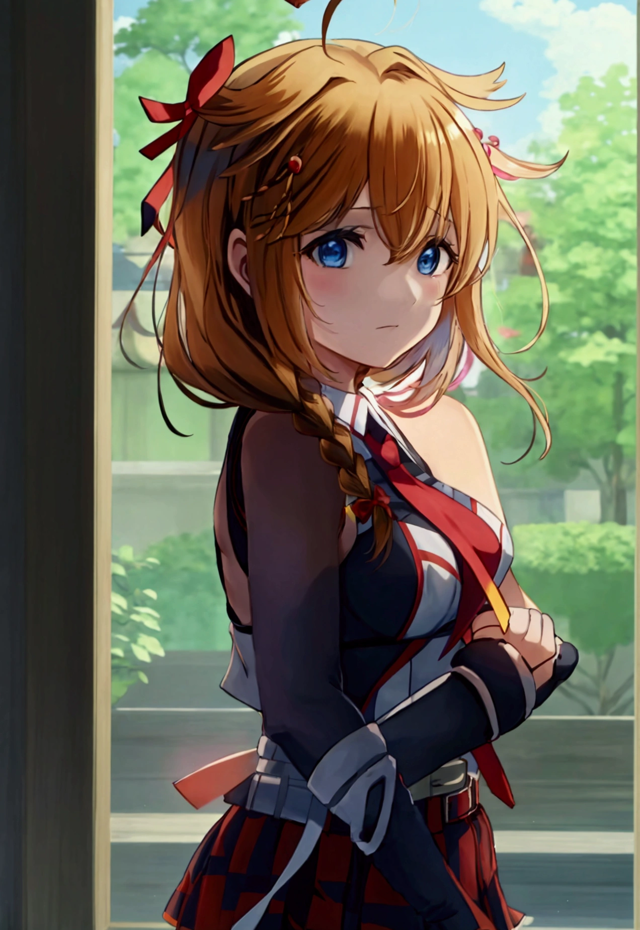 Best Quality, masterpiece, High resolution　shigurekaisanKC　1 girl、solo、Ahoge、Single braid、Hair accessories、Thighs、gloves、uniform、tie、Serafuku、Fingerless Gloves、Hair flap、黒Serafuku、Sleeveless shirt、belt、Hand Ribbon、skirt　