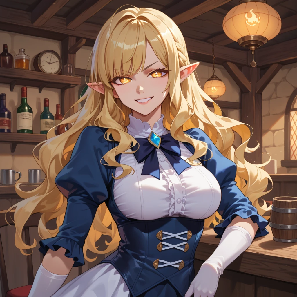 source anime, fantasy bard outfit, blonde hair, long hair, wavy hair, long bangs, fantasy tavern, yellow eyes, 1girl, solo, evil smirk, glowing eyes, perfect eyes, pointy ears, high res image, masterpiece, perfect anatomy, counterpoise, perfect face, hands behide back, gloves, stocking, cute girl, tight, ,normal breast