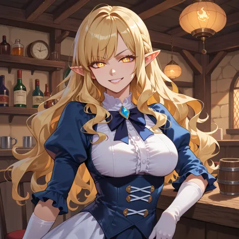 source anime, fantasy bard outfit, blonde hair, long hair, wavy hair, long bangs, fantasy tavern, yellow eyes, 1girl, solo, evil...