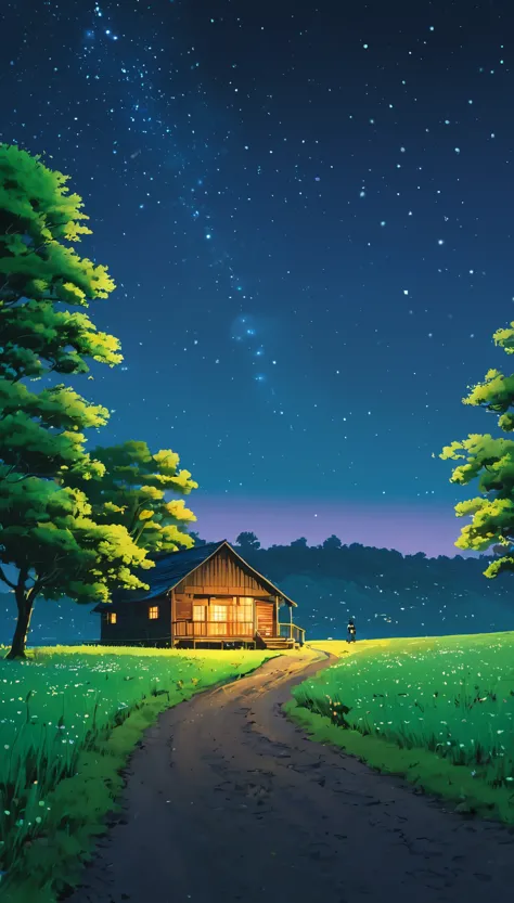 draw a simple tintin style art of a big lonely tree !!!   cabin road meadow night!!!    fireflies!!!   animated background, beau...