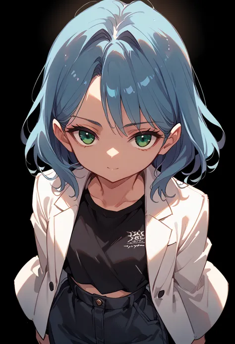 masterpiece, best quality, ((1 person)),blue hair,green eyes,serious expression, smiling,above the waist,line art,medium hair,wh...