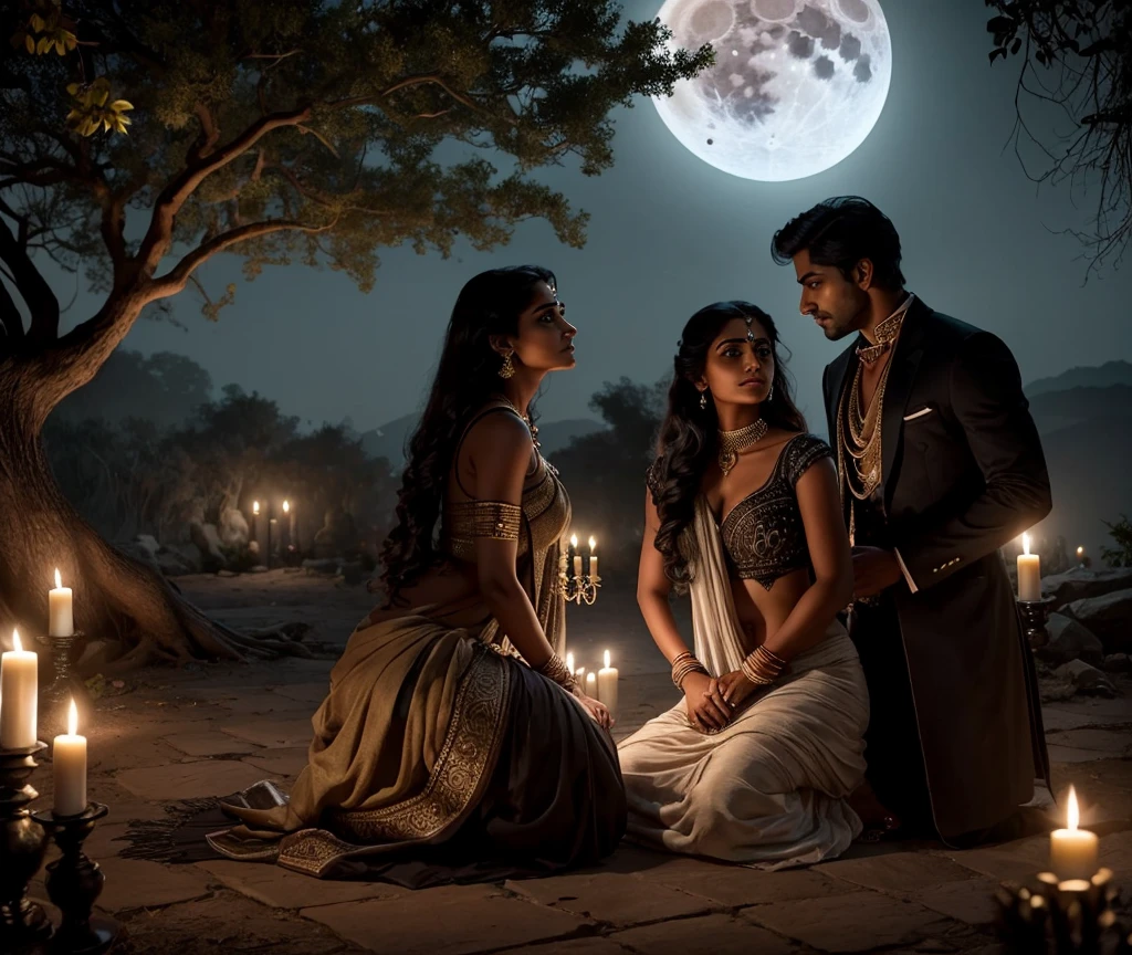 An atmospheric and mysterious thumbnail showing a young Indian couple, a beautiful woman and a handsome man, gazing at each other lovingly under the moonlight. In the background, there’s a large ancient tree with glowing candles and flowers scattered around its base. A black cat with glowing yellow eyes is lurking nearby, creating a sense of supernatural tension. The sky is dark, with a full moon shining brightly, casting eerie shadows. The scene should look dramatic and intriguing, hinting at forbidden love, superstition, and mystery, indian person, indian clothes, A black cat with bright yellow eyes is looking at them