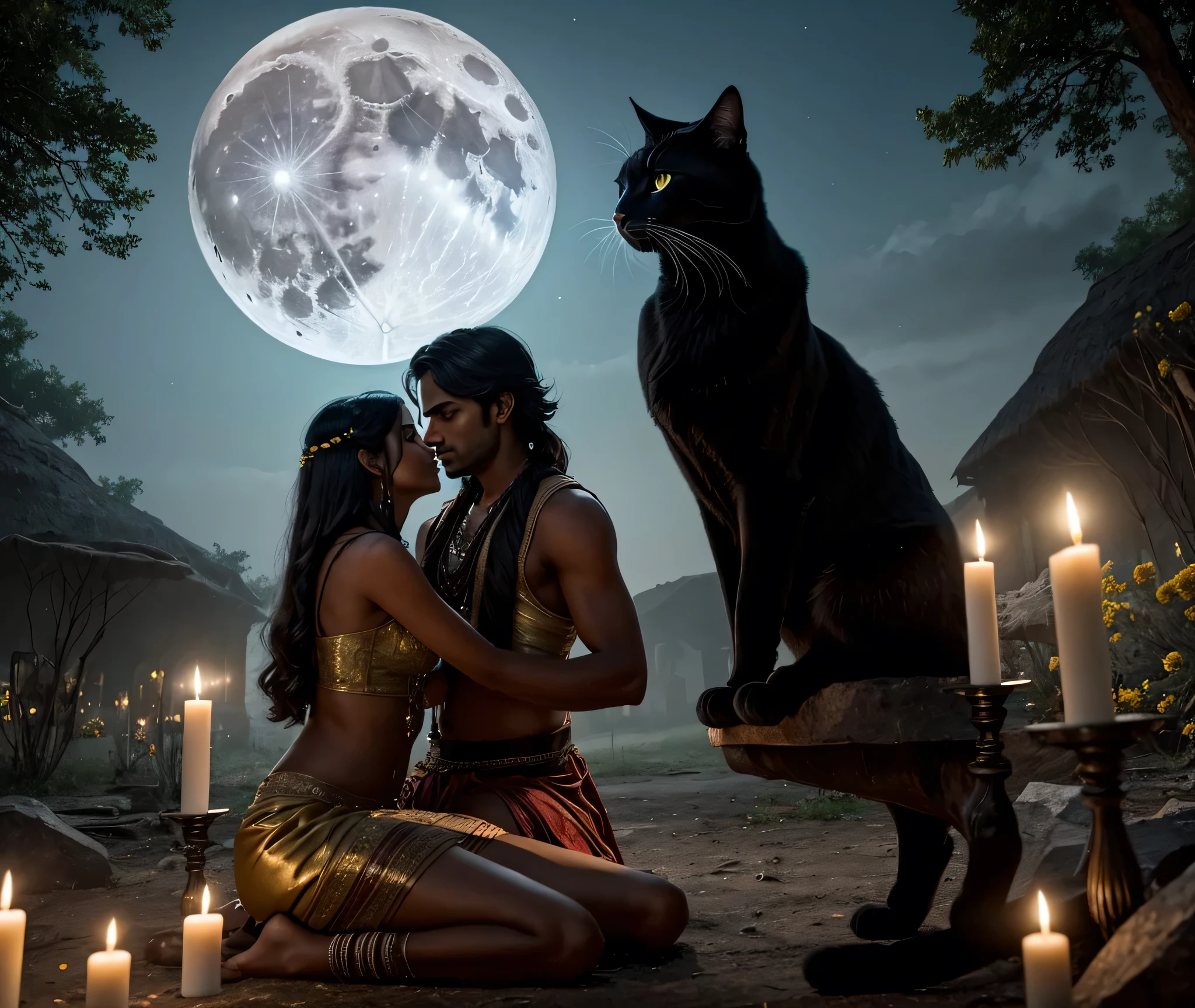 An atmospheric and mysterious thumbnail showing a young Indian couple, a beautiful woman and a handsome man, gazing at each other lovingly under the moonlight. In the background, there’s a large ancient tree with glowing candles and flowers scattered around its base. A black cat with glowing yellow eyes is lurking nearby, creating a sense of supernatural tension. The sky is dark, with a full moon shining brightly, casting eerie shadows. The scene should look dramatic and intriguing, hinting at forbidden love, superstition, and mystery, indian person, indian clothes, A black cat with bright yellow eyes is looking at them