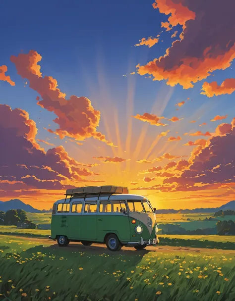 (minimalism:1.4), draw a simple tintin style art a minibus camping sunset clouds , studio ghibli art, miyazaki,  , makoto shinka...