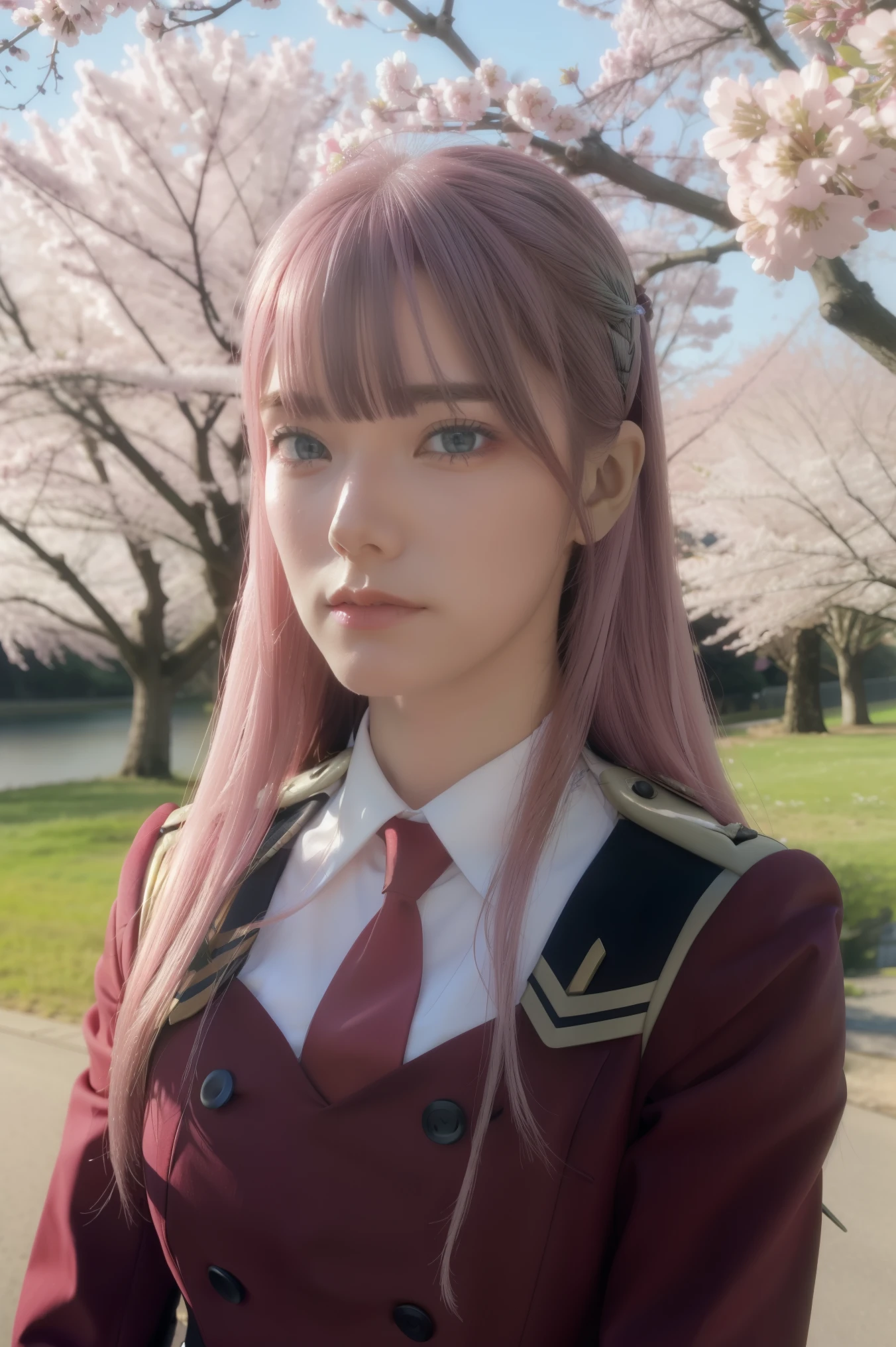 ((best quality)),((highly detailed)),masterpiece,absurdres,detailed face,beautiful face,((detailed eyes, deep eyes)),(1girl),((dynamic pose)),   Zero_Two, 1girl, solo, long hair, pink hair, military uniform, uniform, straight hair, military, green eyes, bangs, closed mouth, upper body, jacket, long sleeves, eyeshadow, tree, short necktie, very long hair, looking to the side, necktie, makeup, looking away, horns, outdoors, double-breasted, blunt bangs, breasts, shirt, buttons, blue eyes, shiny hair, day, cherry blossoms flowing, cherry blossom background