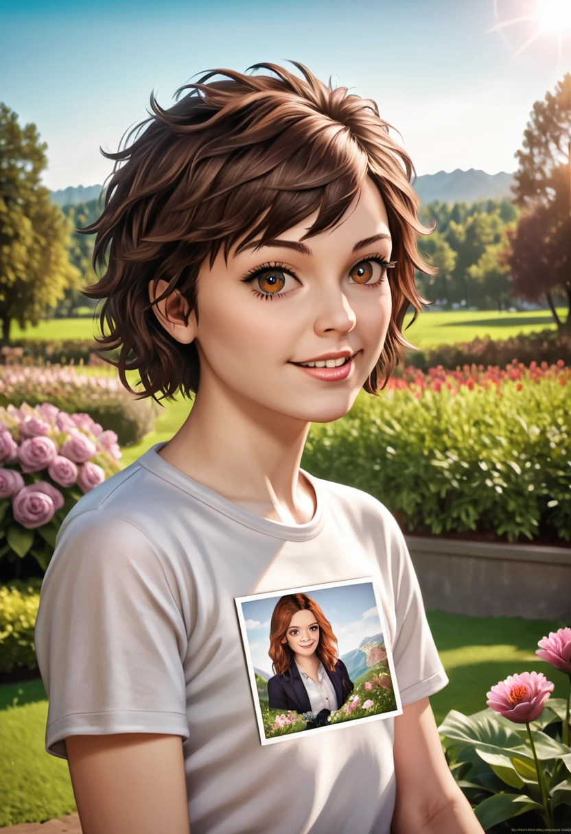 a young boy, detailed face, beautiful eyes, cute expression, messy brown hair, white shirt, casual clothes, outdoors, garden setting, natural lighting, vibrant colors, detailed background, (best quality,4k,8k,highres,masterpiece:1.2),ultra-detailed,(realistic,photorealistic,photo-realistic:1.37),detailed landscape, lush greenery, warm tones