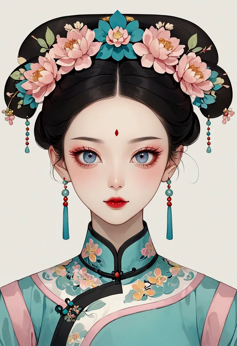 fine brushwork，2d，colored pencils，beautiful digital art，clear lines，beautiful chinese qing dynasty princess，bright eyes，exquisit...