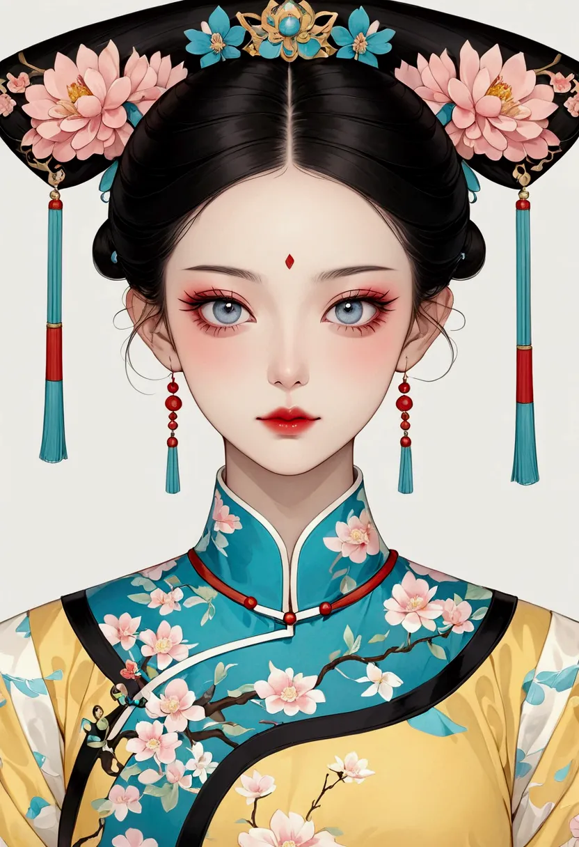 fine brushwork，2d，colored pencils，beautiful digital art，clear lines，beautiful chinese qing dynasty princess，bright eyes，exquisit...