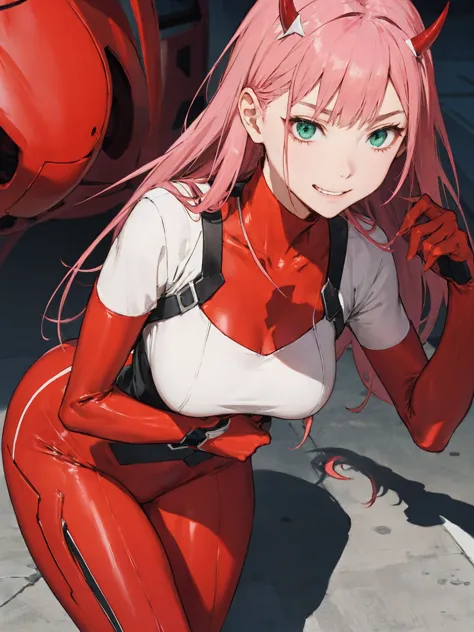 zero two, red bodysuit, green eyes, compensate, a pair of little red horns, , little red horn pink hair, one girl, bangs, bite, ...