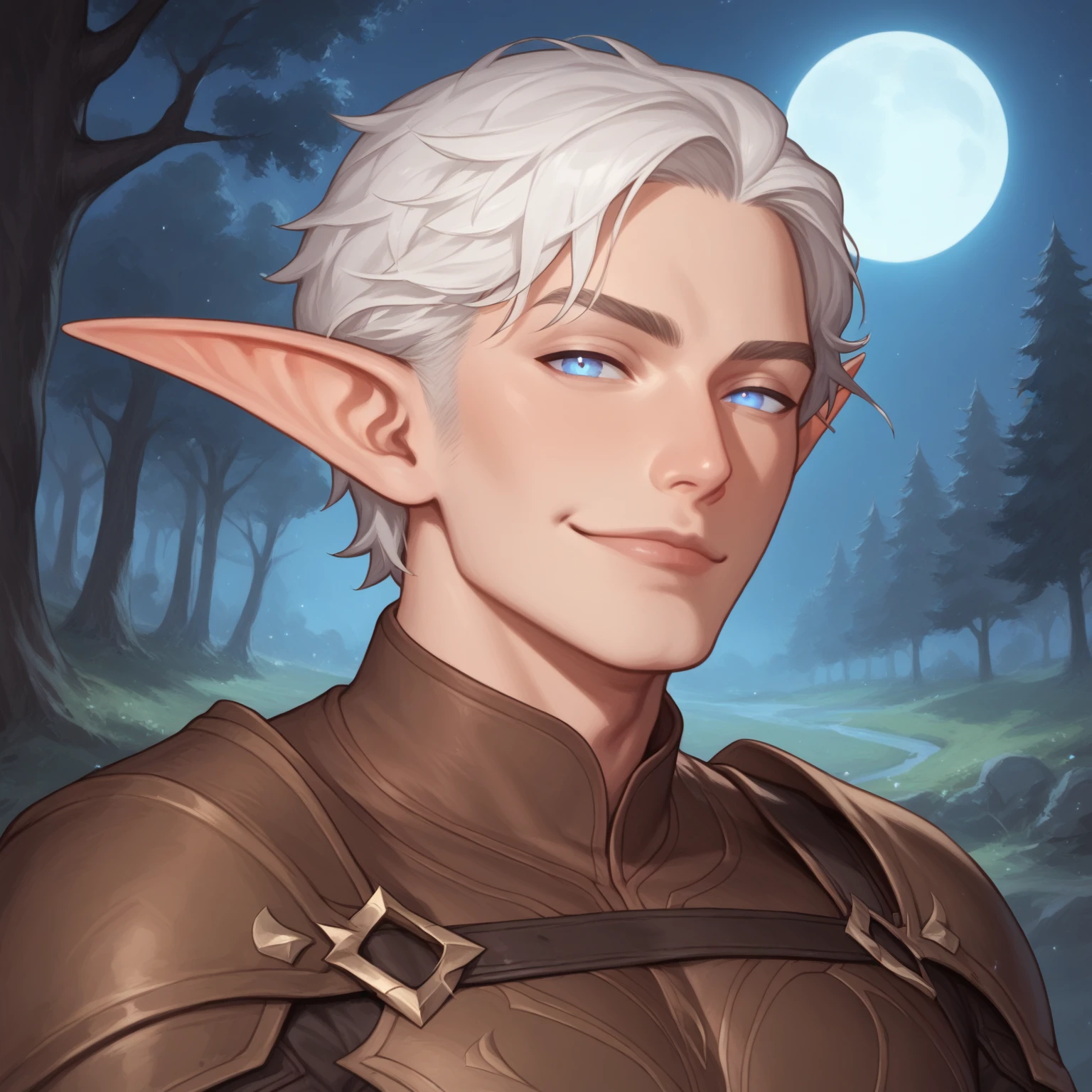 (((beautiful, high quality, perfect eyes, comics style, detailed face))), score_9, score_8_up, score_7_up, BREAK 1man, solo, elf male, white hair, thick hair, big dark-brown "doe" eyes, seductive look, ((smug)), brown leather armor, well-crafted, etched design on leather, at night, full moon, forest background (bust shot view, looking at viewer), Expressiveh, detailxl