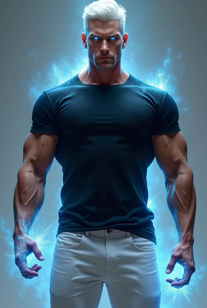 Strong man, white short hair, white pants, black T-shirt, blue arua on arms, blue shiny eyes