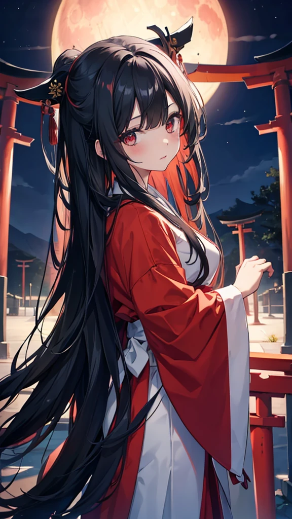 Girl, black hair, long hair, white funeral attire, late night, red moon, large torii gate