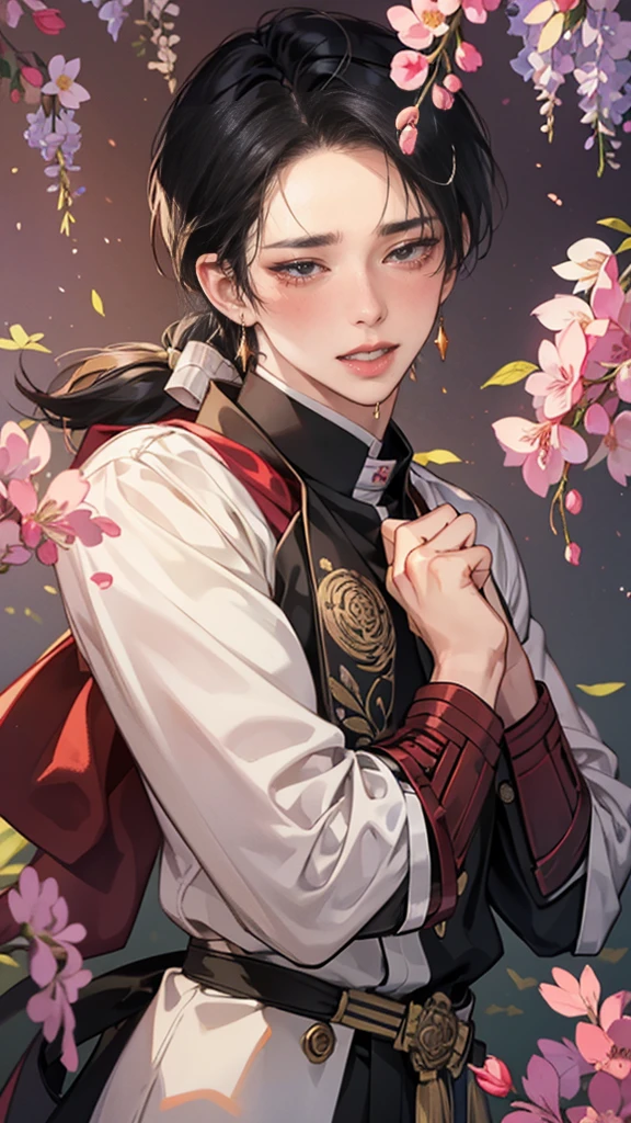 (T Masterpiece, High resolution, ultra - detailed:1.0),(1male:1.2),1boy,kashuu kiyomitsu,ponytail,japanese clothes,red scar,jewelry,earrings,Beautiful Boy、Black Hair、Red eyes、Delicate eyes and a delicate face, Highly detailed CG, unity 8k wallpaper, Intricate details, A detailed face, Depth of written boundary, Dramatic Shadows, Ray tracing, Best Quality, People Shooting、smile、(embarrassed,blush:1.3),(ecstasy:1.3) ,(fucked silly:1.1),(steam:1.1),(trembling:0.8),(tears:0.7) ,(sweat:0.8),open mouth,(half open eyes:1.4),wince,(orgasm:1.5),Pink nipples、Sleep on your back with your thighs、futon、nsfw,Wisteria flower、Naughty pose、Love love、Flirting、