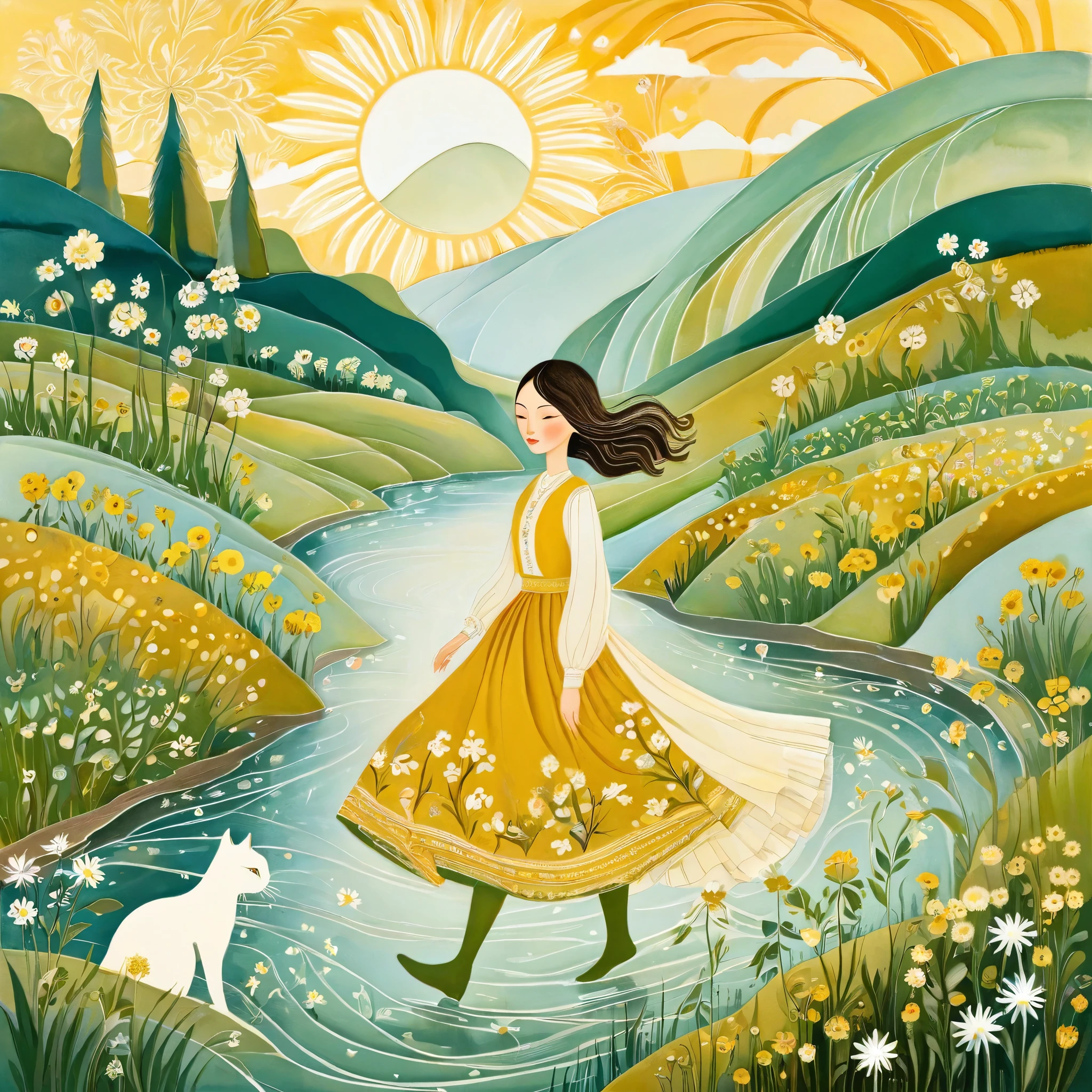 Albena Vacheva style. Stylized characters. Ethereal Woman, Wearing a full skirt with floral and leaf prints, Walking on the river, On the riverbank，Green cat walking. Background with mustard-colored sunlight, hills, björk, Flowers and blooming dandelions.