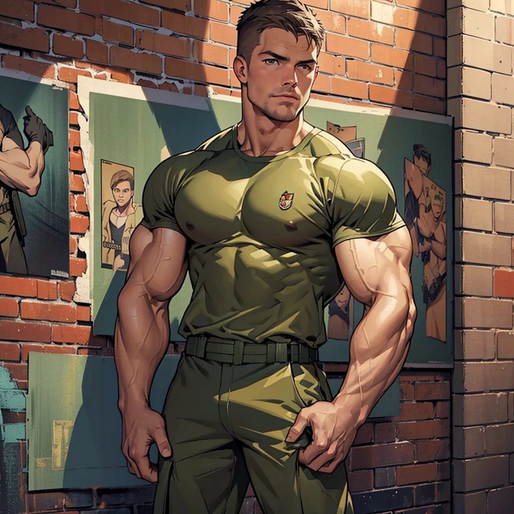 32k, high quality , detailed face , detailed hands , detailed muscles , stephen amell standing and  posing  as a military man ,standing with spread legs, showing his muscles  HOLDING A CAT between  HIS HANDS, ((background brick wall with lot of army posters ))