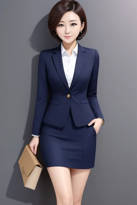 2 career woman in a suit、hairstyle: short hair permanent、the bottom is a navy blue tight skirt、