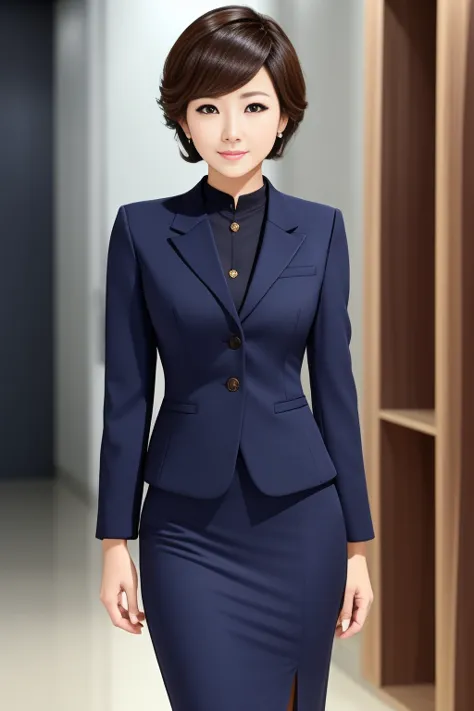 2 career woman in a suit、hairstyle: short hair permanent、the bottom is a navy blue tight skirt、