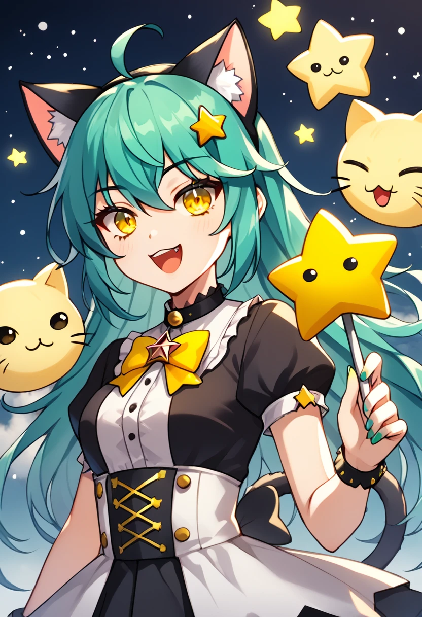 Girl with long dark turquoise hair, yellow eyes, yellow star pin in her head with a cat