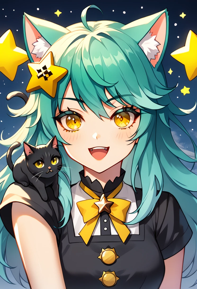 Girl with long dark turquoise hair, yellow eyes, yellow star pin in her head with a cat