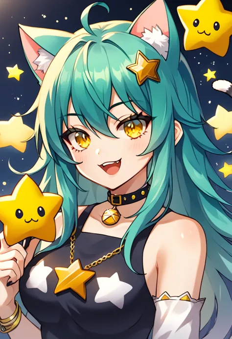 girl with long dark turquoise hair, yellow eyes, yellow star pin in her head with a cat