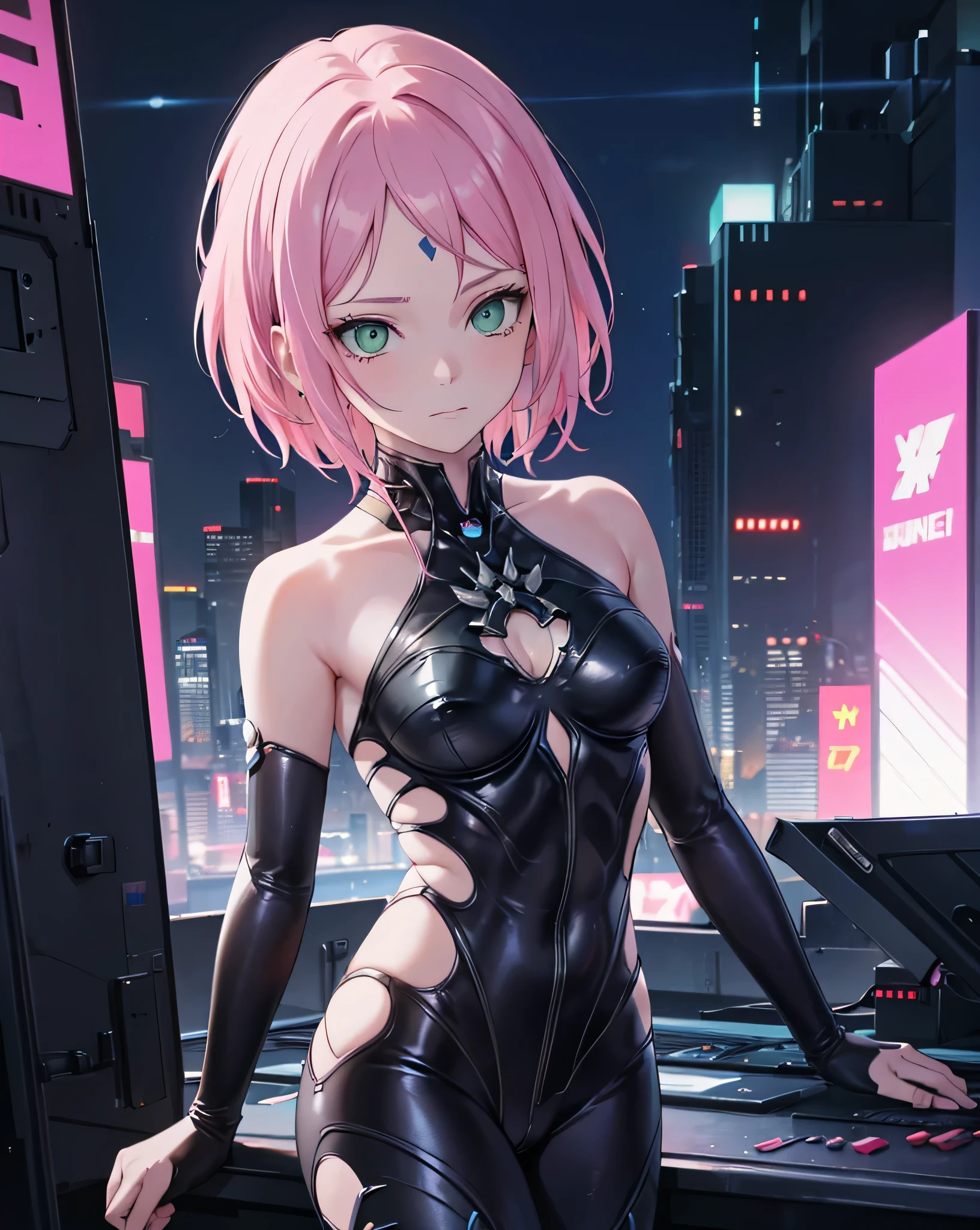 masterpiece, best quality, absurdes, 1woman, 1girl, solo, 8k, shading, neon lighting, detailed fingers, detailed face, high resolution, pink hair, short hair, forehead mark, small breasts, green eyes, omegaf bodysuit, black bodysuit, cyberpunk, rooftop,