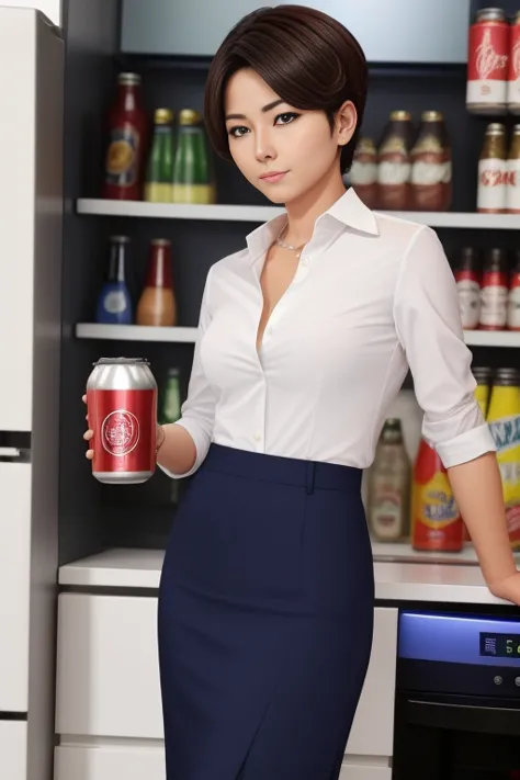 2 career woman in a suit、hairstyle: short hair permanent、the bottom is a navy blue tight skirt、with a tired look on his face, he...