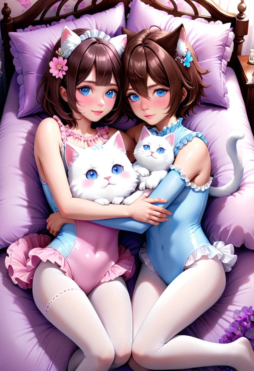 (fflixbom, white and pink cat facepaint) (1 man, 1 woman) (bob cut, brown hair, blue eyes) (hetero, couple) (crossdressing, fully clothed) (portrait) (women's clothes only) (women's beautifully feminine frilly sparkly skintight velvet floral print girly lavender adorable ballet leotards) (pink long silk gloves) (white tights) (tiaras, no shoes) (woman's bedroom, four-poster bed) (lying down, hugging, bending knee) (intimacy, playfulness, closeness)