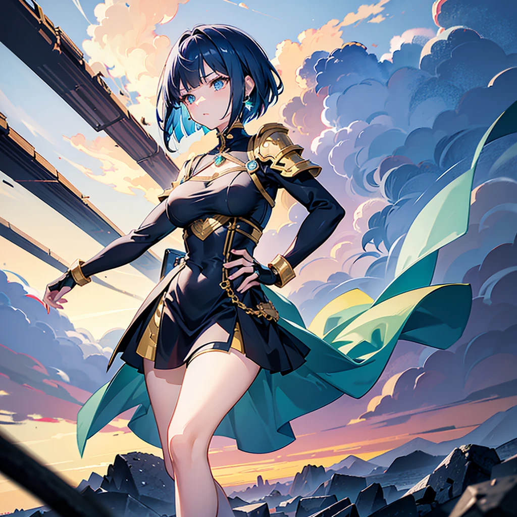 dark blue hair, sky blue inner hair,　Dynamic bob cut hairstyle short hair woman 1.8,、Orange Eyes 1.8、Wears a futuristic black and white outfit with gold and red accents, Includes armor-like shoulder pads and strategic fastenings. She puts one hand on her hip、Standing confidently with the other hand slightly extended。, Looking into the distance. The background shows a desolate landscape with broken high-rise buildings., Streets etc., Beautifully illuminated sky at sunset, Create a dangerous and violent atmosphere. Light comes from the left, Cast a dramatic shadow、emphasize her strength, A breezy way of running,Powerful pose. In a scene captured from a low angle、, Focus on her, The background is a bit blurred, Show a shallow depth of field.Anime girl in a short skirt and black top, Ayaka Genshin Impact, Amazing anime 8k, Best anime 4k konachan wallpaper, Trending on ArtStation and pixiv, Portrait of a female anime hero, Highly detailed official artwork, Female Action Anime Girl, Anime Wallpaper 4K, 4K Anime Wallpapers, anime art wallpaper 4k、One light blue teardrop-shaped earring on the left ear only.8、Emerald green jewel anklet on the left foot 1.8