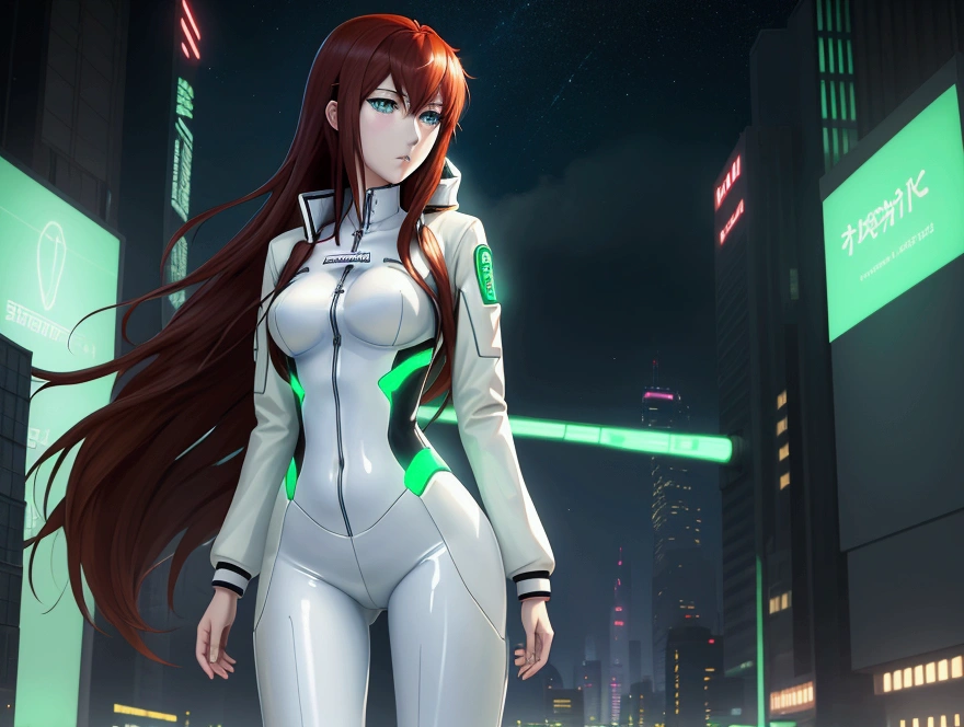 (masterpiece), best quality, ultra-detailed, makise kurisu from steins gate anime, gorgeous girl ,tall , wearing white latex jacket with green light lines one it, standing sexy and one leg up , TRON city in background, skinny body