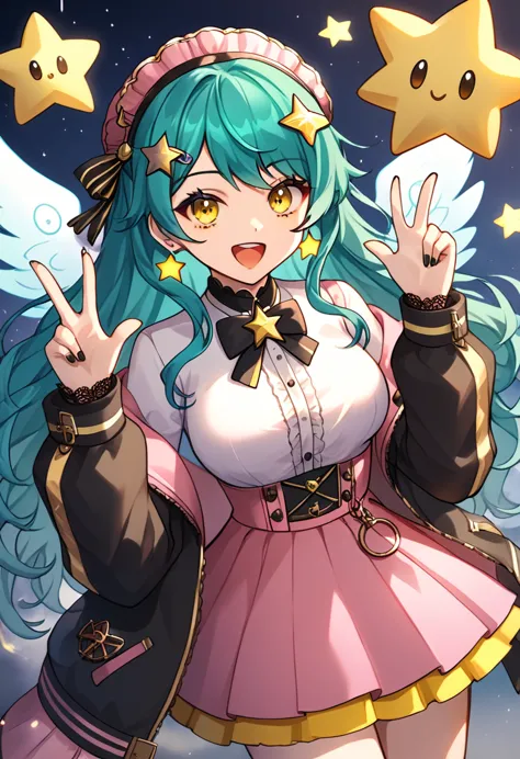 girl with long dark turquoise hair, yellow eyes, yellow star pin in her head with large, ornate black pink skirts and a lot of l...