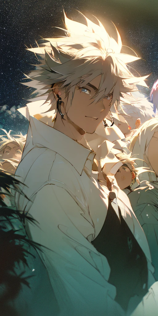 apstyle3 apstyle masterpiece best quality detailed eyes masterpiece best quality silver hair man skull earrings
 (Messy hair floats :1.25) Severe FlowDarkness of the NightBlack BackgroundBlackUpper Body Staring at the Viewer