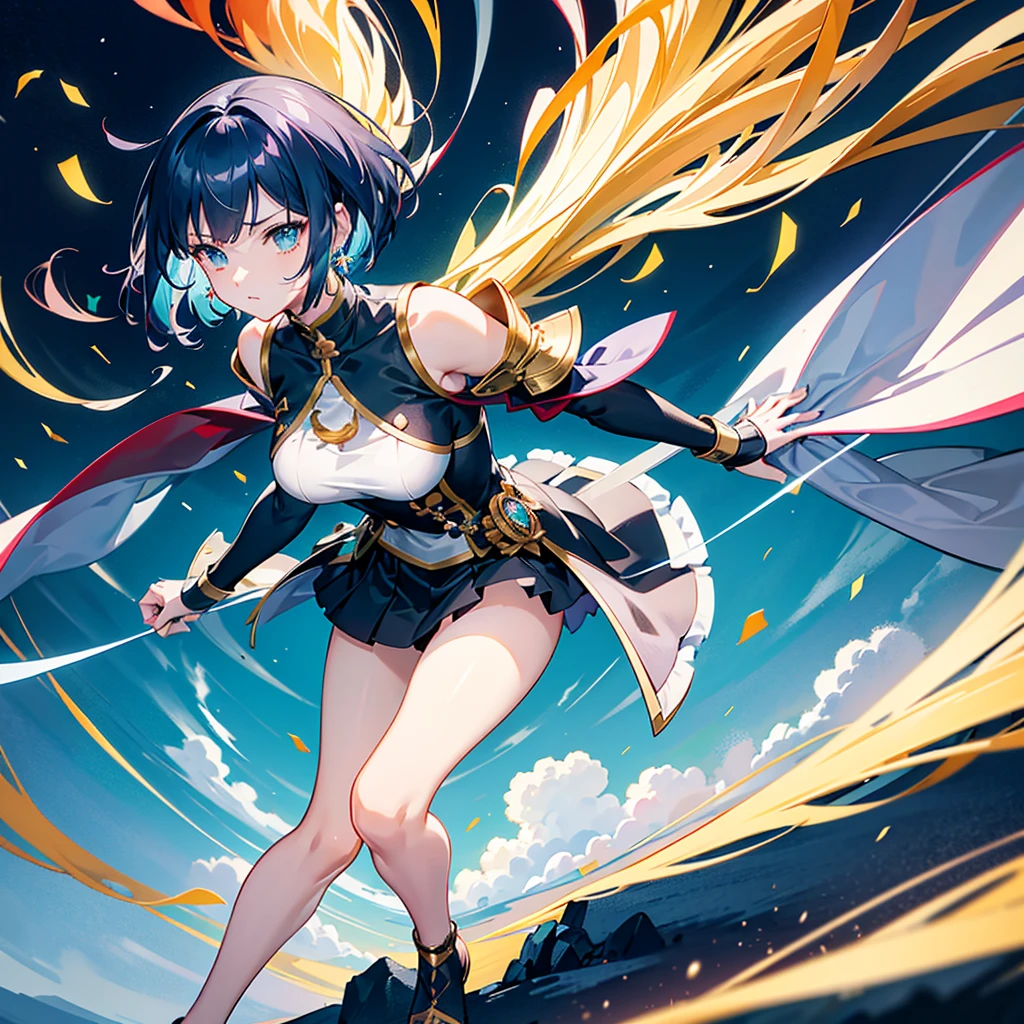 dark blue hair, sky blue inner hair,A military-like temperament、Dynamic bob cut hairstyle short hair woman 1.8,、Orange Eyes 1.8、He wears a futuristic military uniform in black and white with gold and red accents., Includes armor-like shoulder pads and strategic fastenings. She puts one hand on her hip、Standing confidently with the other hand slightly extended。, Looking into the distance. The background shows a desolate landscape with broken high-rise buildings., Streets etc., Beautifully illuminated sky at sunset, Create a dangerous and violent atmosphere. Light comes from the left, Cast a dramatic shadow、emphasize her strength, A breezy way of running,Powerful pose. In a scene captured from a low angle、, Focus on her, The background is a bit blurred, Show a shallow depth of field.Anime girl in a short skirt and black top, Ayaka Genshin Impact, Amazing anime 8k, Best anime 4k konachan wallpaper, Trending on ArtStation and pixiv, Portrait of a female anime hero, Highly detailed official artwork, Female Action Anime Girl, Anime Wallpaper 4K, 4K Anime Wallpapers, anime art wallpaper 4k、One light blue teardrop-shaped earring on the left ear only.8、Emerald green jewel anklet on the left foot 1.8