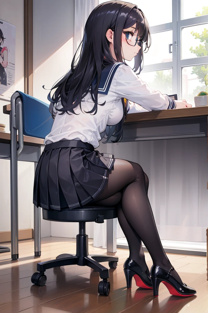 1girll, Back view, Skirt, sit on chair, Small chair, NavyHair, long curvy hair, large round glasses, pretty, Without expression, Flat expression, Lame face, school chair，（crossedlegs：1.3），high-heels,black lence stockings，