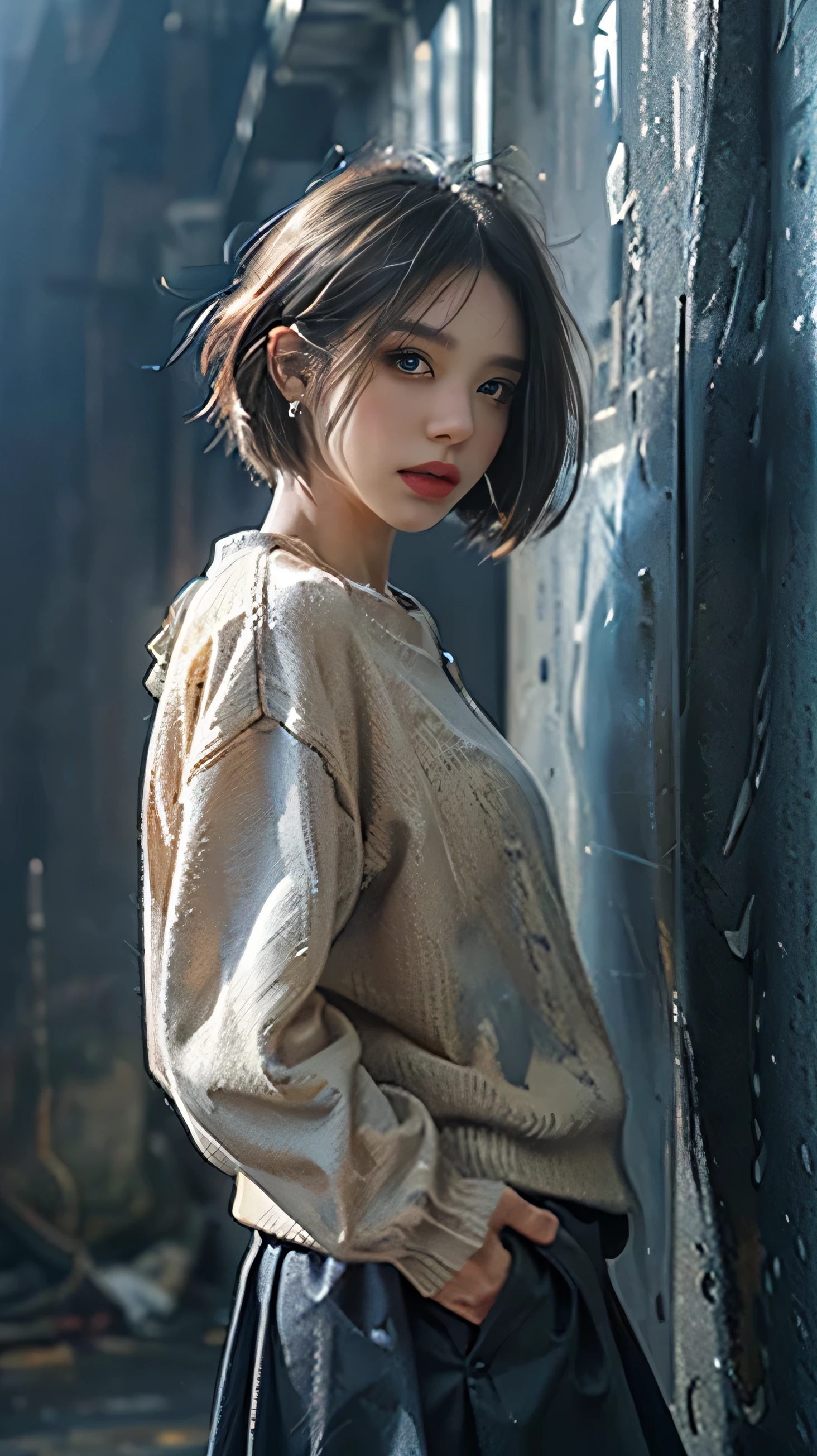 (((High definition CG unit 8k wallpaper:1.2、masterpiece、High resolution:1.2、Best Quality:1.2、masterpiece)))、((Very beautiful woman、Hands in pockets:1.8、Grunge Fashion:1.2、Wearing a fisherman sweater:1.2、Wearing a long ethnic skirt、Wearing Nike Air Max))、((High definition face、High definition black eyes、High definition body、Best Qualityのリアルなテクスチャ スキン))、(Black Hair、Bobcut、Depere Blanca、small)、((Colorful geometric wall、Colorful wall))、(High Angle:1.2、Wide-angle lens:1.3)、Ultra-realistic digital painting、Upper Body、Face close-up。