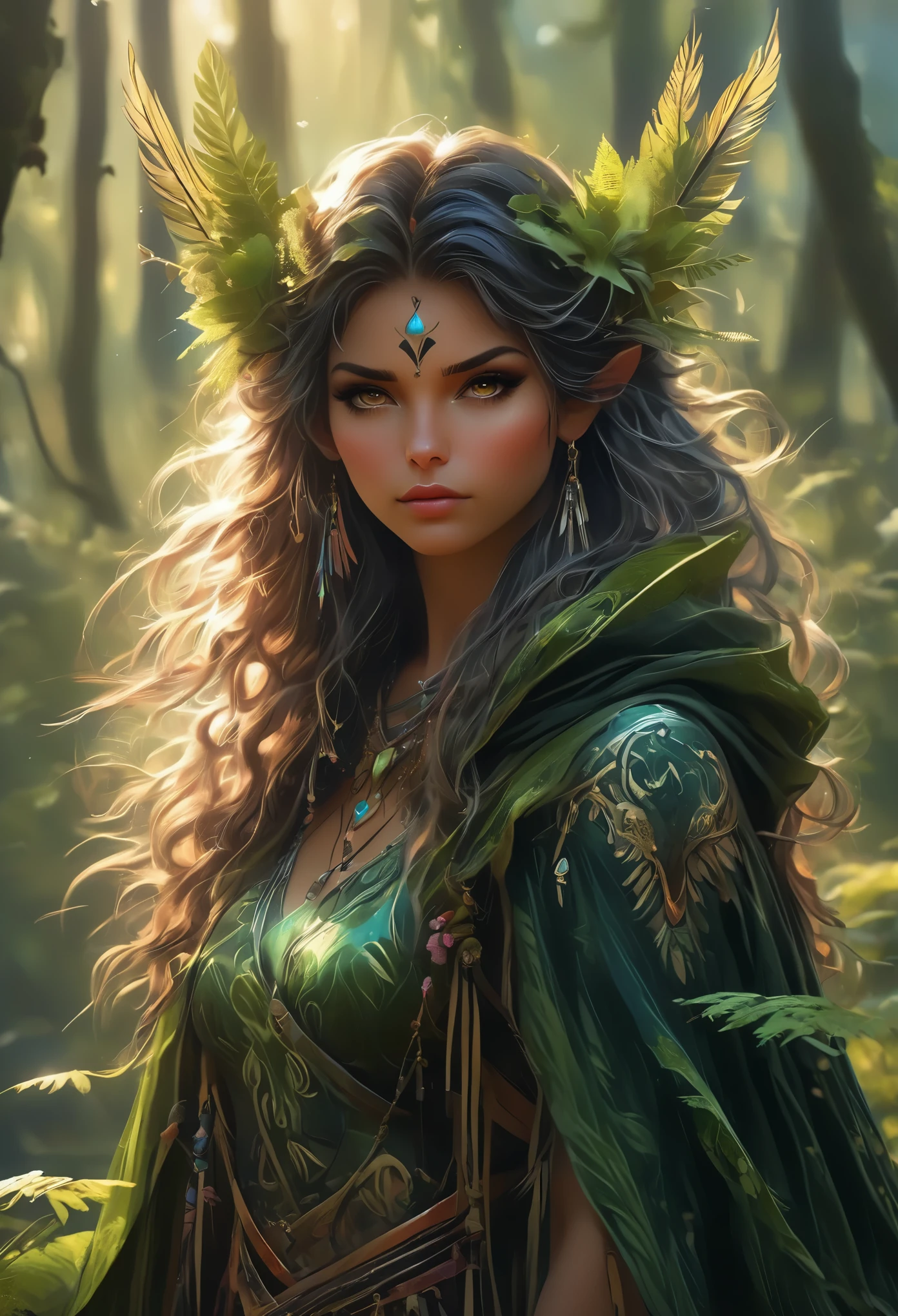 absurdres, highres, (official art, beautiful and aesthetic:1.2),    kaleidoscope, 1 girl, adult czech woman,  pink eyes, black twin drills hair,
 looking down, solo, upper body, detailed background, detailed face, (zulupunkai, zulu theme:1.1) hunter,  dynamic pose, medieval fantasy setting, high fantasy, green  leather clothes, cape,  hood,   belt, dark forest, bushes, vines,   clearing, (Style-SwampMagic:0.4),  roots, moss, fallen leaves, ferns, flowers, birds, feathers, wildlife, arrows in quiver, crossbow, sunshine,