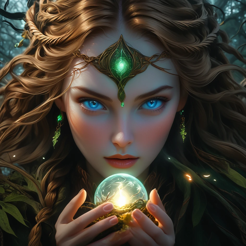 maximum details, cinematic, (abstract art:1.1),  stylized, deep shadow, 1 girl, adult (elven:0.7) woman,  light blue eyes, light brown fishtail braid, 
Style-GravityMagic, focus on character portrait, solo, upper body, looking up, detailed background, detailed face, (glyphtech theme:1.1), joyful expression,  druid, wearing natural colored brown clothes,  fur-lined, druid staff, feathers,  healing magic, runes,  glowing orbs, natural magic,   moss,    stone, orange flowers, lilies, plants,  moonlight, filtered light, forest in background, natural uplifting atmosphere, earth tones,