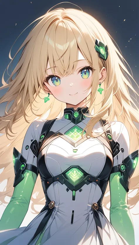 android girl、white torso、green led、led,long hair、blond、cute