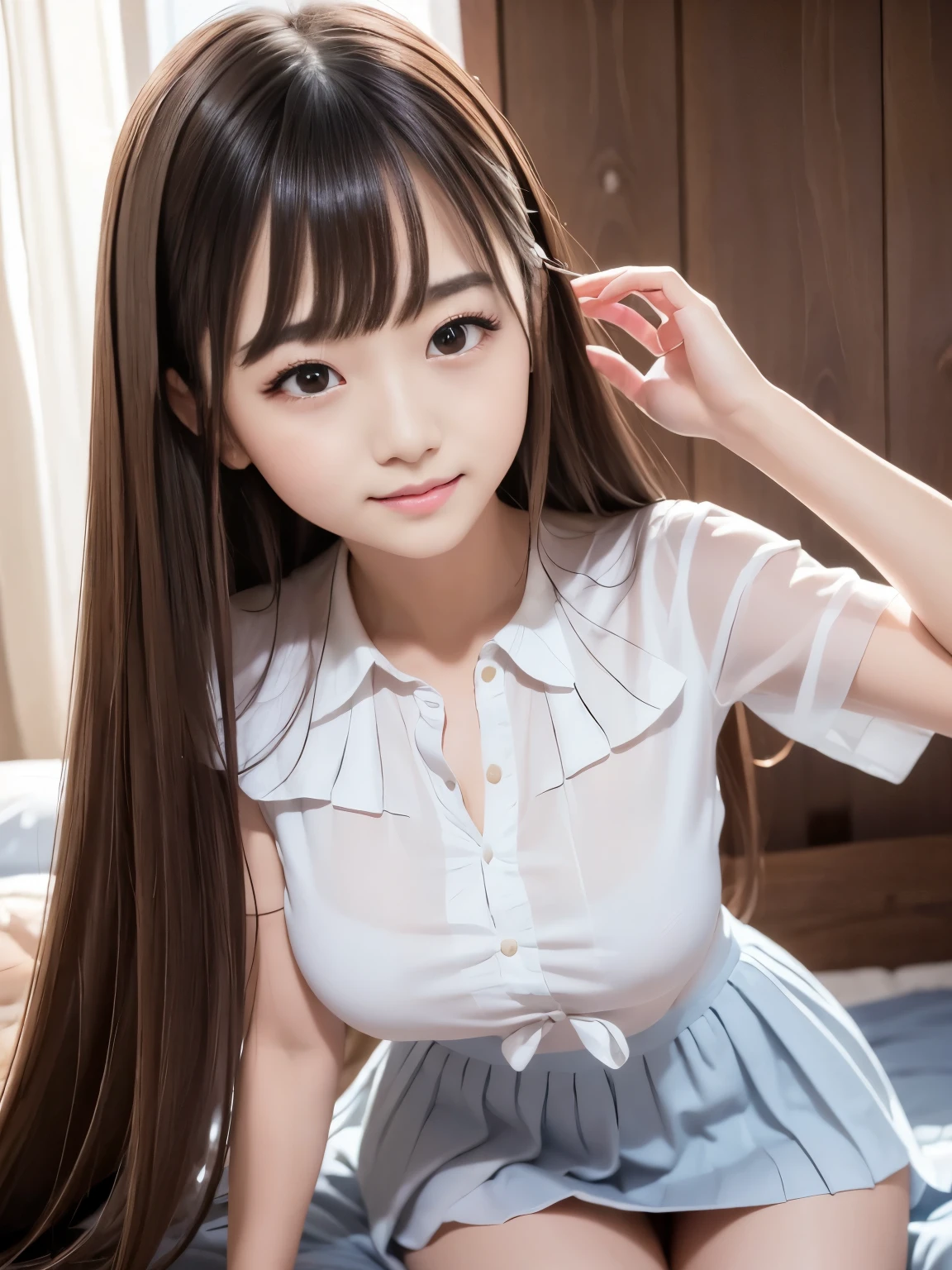 High school girl、Very cute woman、Beautiful face with attention to detail、A gentle gaze、Big bright eyes with great attention to detail、Double eyelids with attention to detail、Very long hair、Two Side Up Hair、Dark brown hair、White and navy sailor suit、Short pleated skirt、Big Breasts、Smooth thighs、Realistic photos、Soft Light、Bed Background、Professional Portrait