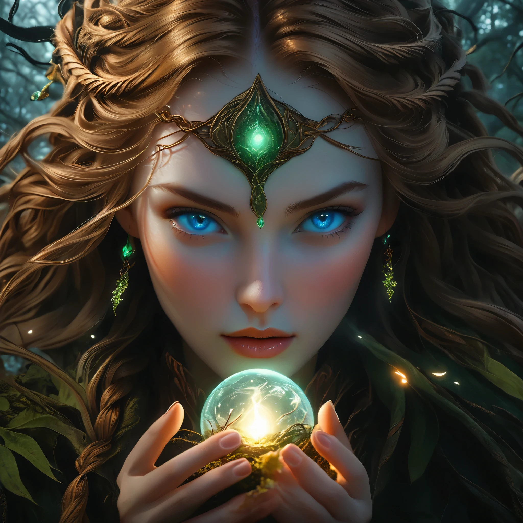 maximum details, cinematic, (abstract art:1.1),  stylized, deep shadow, 1 girl, adult (elven:0.7) woman,  light blue eyes, light brown fishtail braid, 
Style-GravityMagic, focus on character portrait, solo, upper body, looking up, detailed background, detailed face, (glyphtech theme:1.1), joyful expression,  druid, wearing natural colored brown clothes,  fur-lined, druid staff, feathers,  healing magic, runes,  glowing orbs, natural magic,   moss,    stone, orange flowers, lilies, plants,  moonlight, filtered light, forest in background, natural uplifting atmosphere, earth tones,