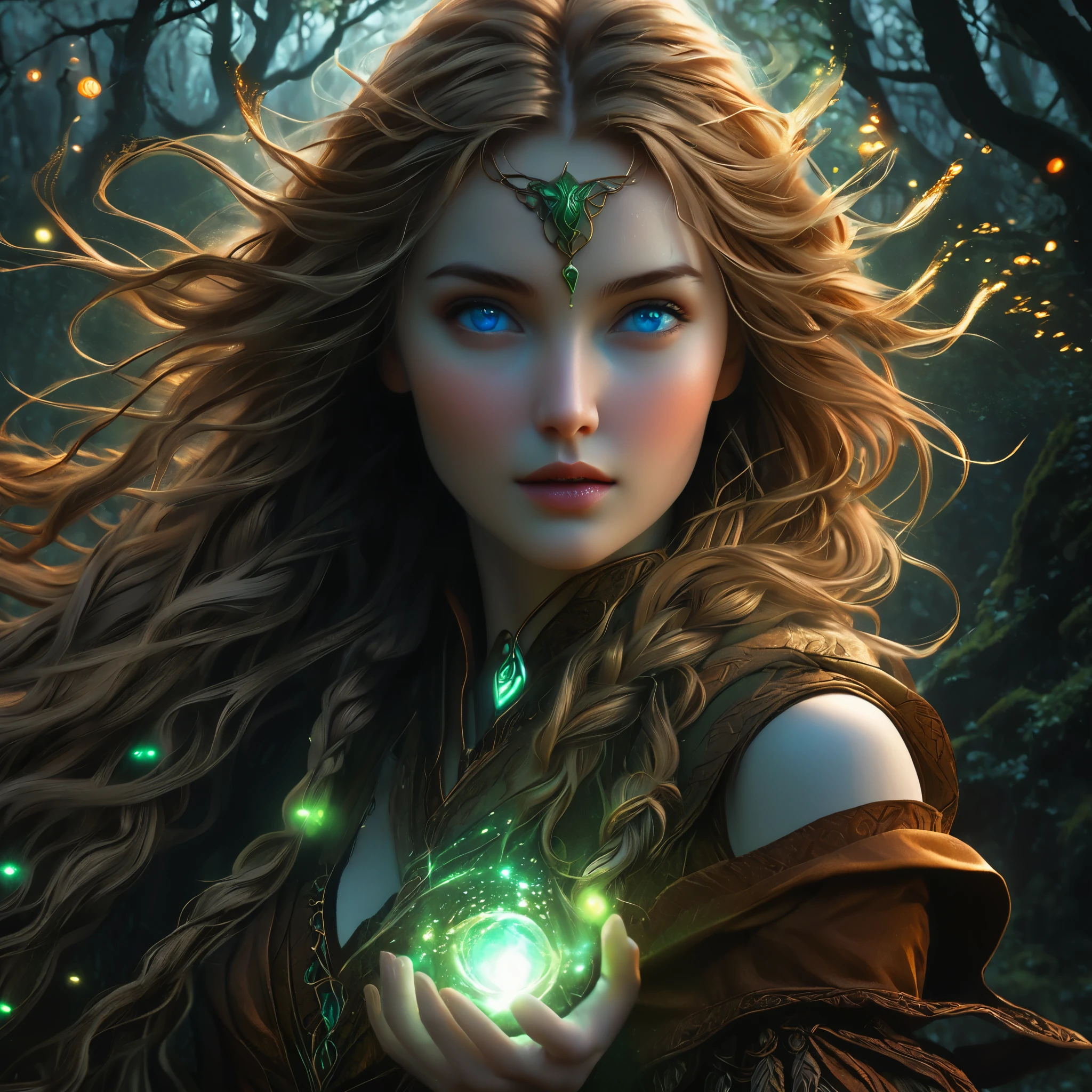 maximum details, cinematic, (abstract art:1.1),  stylized, deep shadow, 1 girl, adult (elven:0.7) woman,  light blue eyes, light brown fishtail braid, 
Style-GravityMagic, focus on character portrait, solo, upper body, looking up, detailed background, detailed face, (glyphtech theme:1.1), joyful expression,  druid, wearing natural colored brown clothes,  fur-lined, druid staff, feathers,  healing magic, runes,  glowing orbs, natural magic,   moss,    stone, orange flowers, lilies, plants,  moonlight, filtered light, forest in background, natural uplifting atmosphere, earth tones,