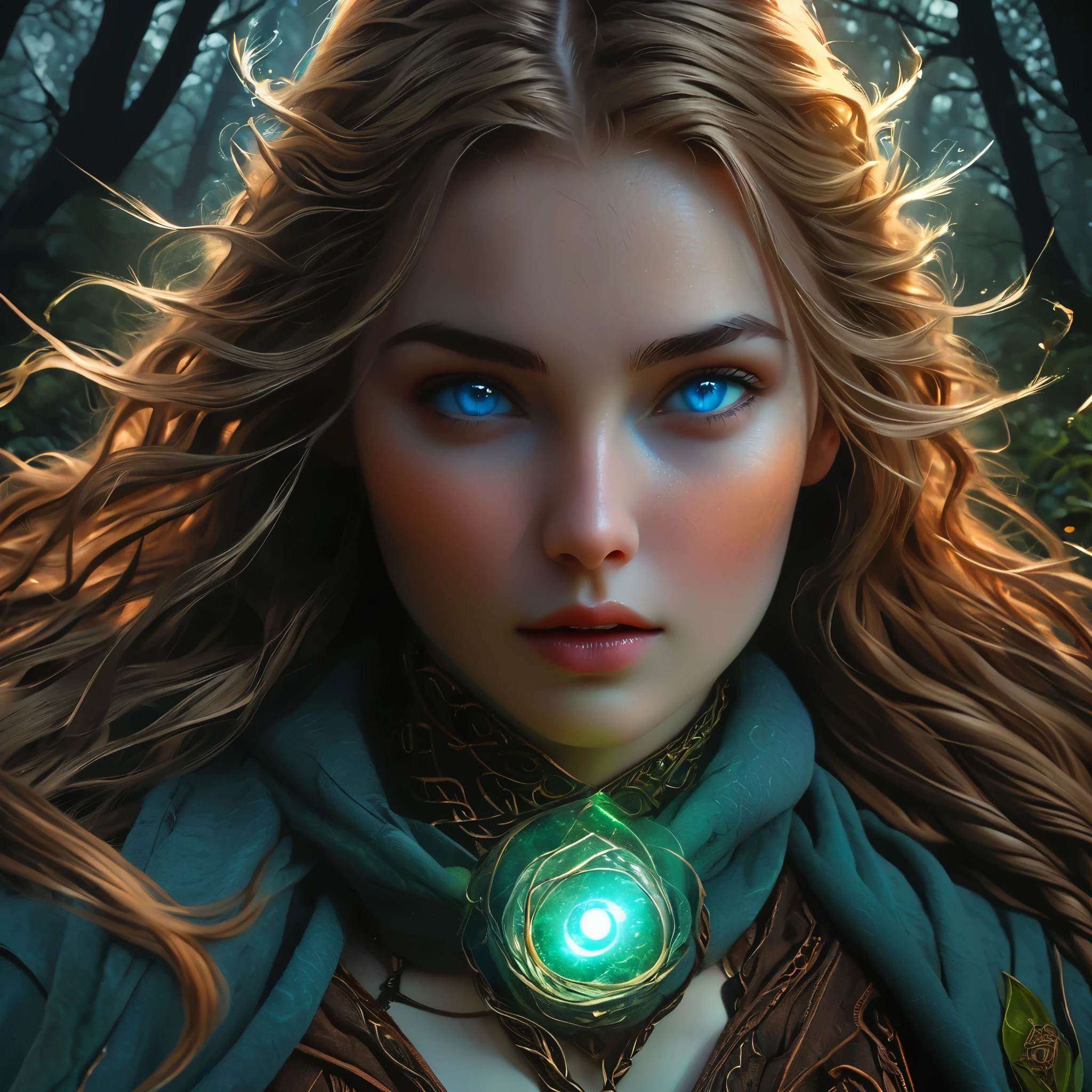 maximum details, cinematic, (abstract art:1.1),  stylized, deep shadow, 1 girl, adult (elven:0.7) woman,  light blue eyes, light brown fishtail braid, 
Style-GravityMagic, focus on character portrait, solo, upper body, looking up, detailed background, detailed face, (glyphtech theme:1.1), joyful expression,  druid, wearing natural colored brown clothes,  fur-lined, druid staff, feathers,  healing magic, runes,  glowing orbs, natural magic,   moss,    stone, orange flowers, lilies, plants,  moonlight, filtered light, forest in background, natural uplifting atmosphere, earth tones,