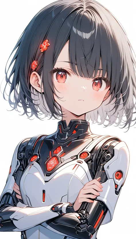 ((Android Girl))、White android torso、Red LED、led,Short Hair、Black Hair、boyish,cute,crossed arms