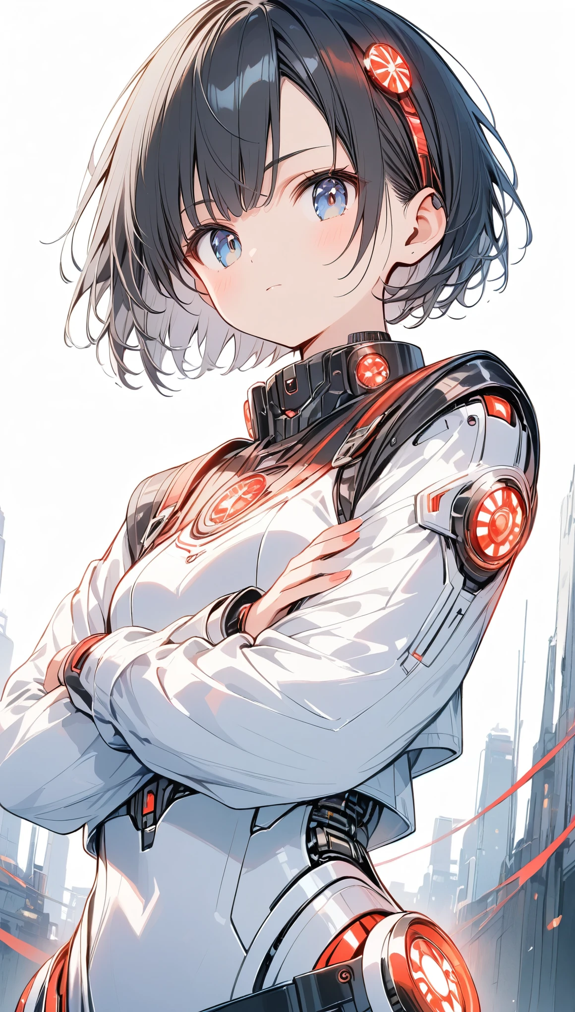 ((Android Girl))、White android torso、Red LED、led,Short Hair、Black Hair、boyish,cute,crossed arms