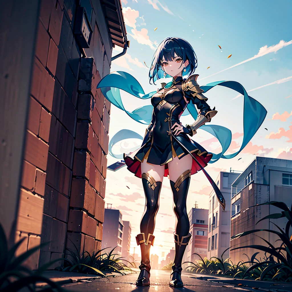 dark blue hair, sky blue inner hair,A military-like temperament、Dynamic bob cut hairstyle short hair woman 1.8,、Orange Eyes 1.8、He wears a futuristic military uniform in black and white with gold and red accents., Includes armor-like shoulder pads and strategic fastenings. Leather boots、She puts one hand on her hip、Standing confidently with the other hand slightly extended。, Looking into the distance. The background shows a desolate landscape with broken high-rise buildings., Streets etc., Beautifully illuminated sky at sunset, Create a dangerous and violent atmosphere. Light comes from the left, Cast a dramatic shadow、emphasize her strength, A breezy way of running,Powerful pose. In a scene captured from a low angle、, Focus on her, The background is a bit blurred, Show a shallow depth of field.Anime girl in a short skirt and black top, Ayaka Genshin Impact, Amazing anime 8k, Best anime 4k konachan wallpaper, Trending on ArtStation and pixiv, Portrait of a female anime hero, Highly detailed official artwork, Female Action Anime Girl, Anime Wallpaper 4K, 4K Anime Wallpapers, anime art wallpaper 4k、One light blue teardrop-shaped earring on the left ear only.8、Emerald green jewel anklet on the left foot 1.8