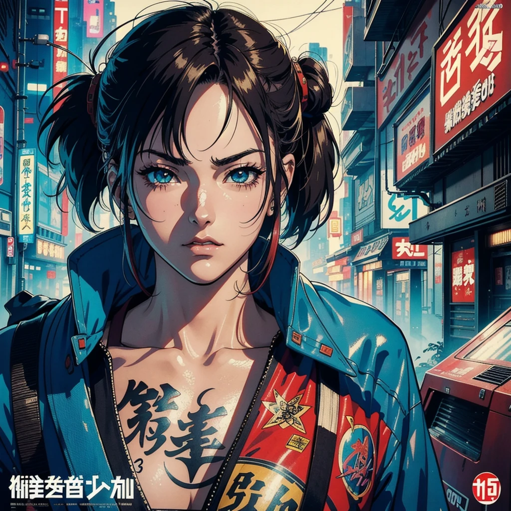 Japanese retro poster, best quality, 8k, ultra detailed, estilo anime 90's, 90's, cyberpunk scenario, ultra detailed tattoos,poster vintage ultra detailed 