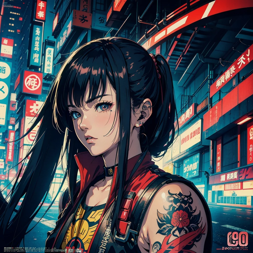 Japanese retro poster, best quality, 8k, ultra detailed, estilo anime 90's, 90's, cyberpunk scenario, ultra detailed tattoos,poster vintage ultra detailed 